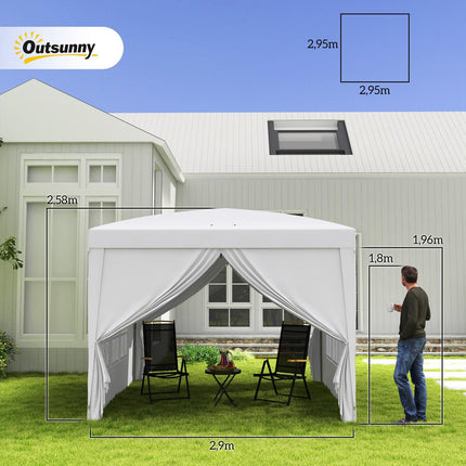 3x3 m pavėsinė su 4 šoninėmis sienomis ir langais, apsauga nuo UV spindulių, įskaitant nešiojimo krepšį, plienas ir Oksfordo audinys, balta
