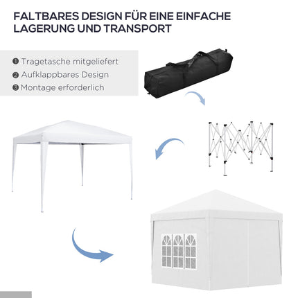 3x3 m pavėsinė su 4 šoninėmis sienomis ir langais, apsauga nuo UV spindulių, įskaitant nešiojimo krepšį, plienas ir Oksfordo audinys, balta