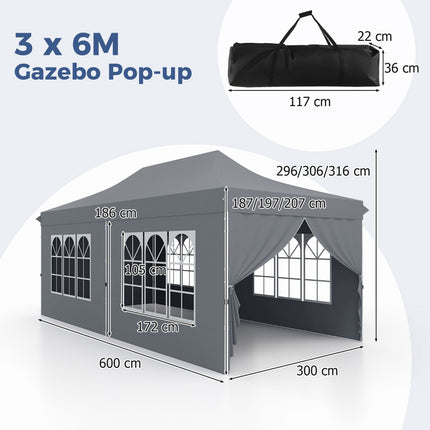 3x6m išskleidžiama pavėsinė, 6 šoninės sienos, užtraukiamos durys, pilka