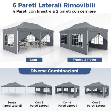 3x6m išskleidžiama pavėsinė, 6 šoninės sienos, užtraukiamos durys, pilka