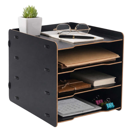 4 skyrių MDF dokumentų dėklas – medžio imitacijos, juodas