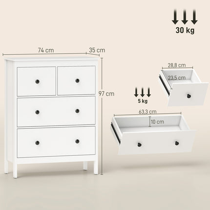 Drabužių ir patalynės komoda su 4 stalčiais, balta, MDF