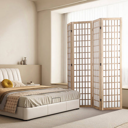 4-Panel Japanese Folding Room Divider, Natural Wood