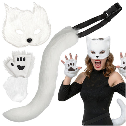 4-Piece Cat/Fox Costume Set, White, Adjustable Tail