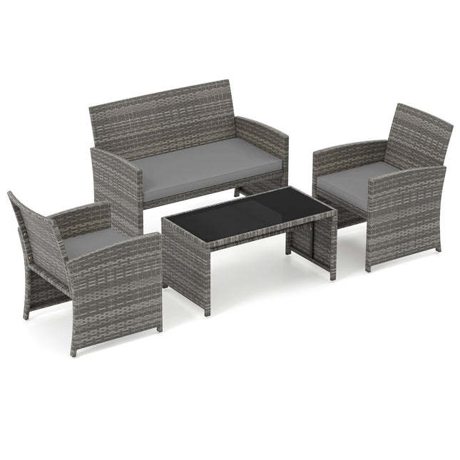 4 dalių pilkas rotango terasos baldų komplektas su dvigule sofa ir stalu