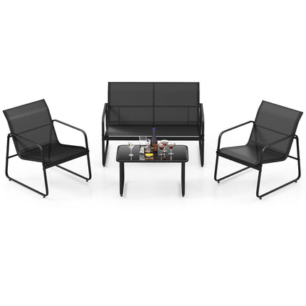 4 dalių lauko poilsio komplektas, 2 kėdės, dvigulė sofa, stiklinis staliukas