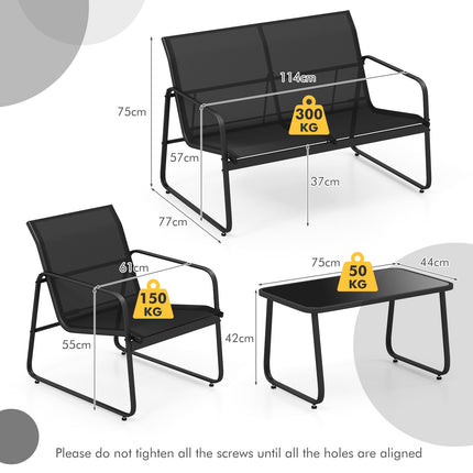 4 dalių lauko poilsio komplektas, 2 kėdės, dvigulė sofa, stiklinis staliukas
