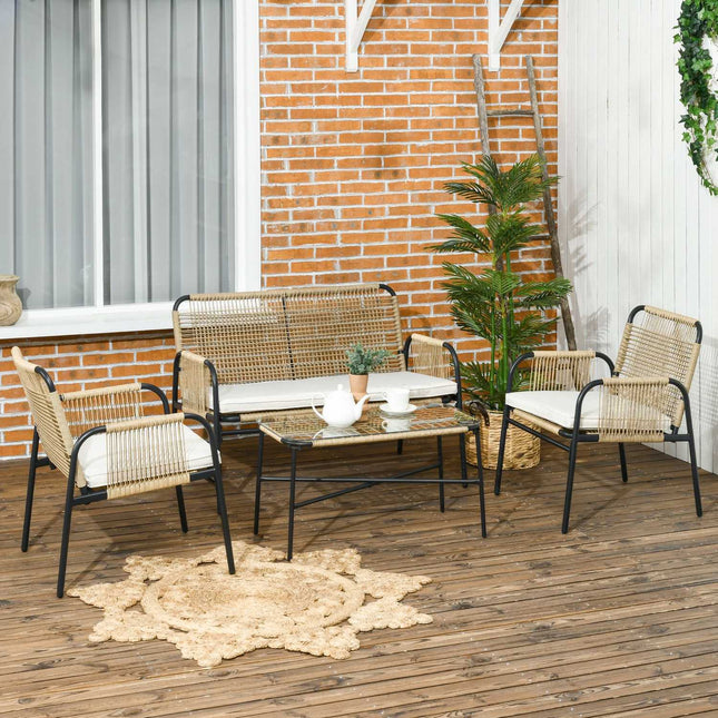 4 dalių polirataninis sodo baldų komplektas, sėdimoji dalis su 1 dviviete sofa, 2 foteliais, 1 kavos staliuku su stikliniu stalviršiu, sodo baldai su sėdynių pagalvėlėmis, sodui, terasai, geltonas