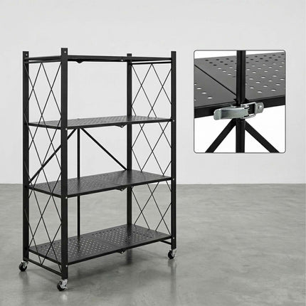 4-Tier Folding Steel Shelving Unit with Castors and Brakes, Black, 125 cm