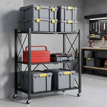 4-Tier Folding Steel Shelving Unit with Castors and Brakes, Black, 125 cm