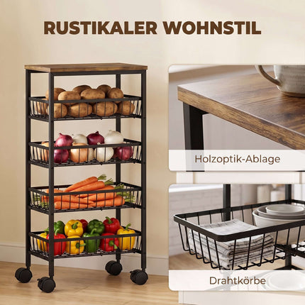 4 pakopų virtuvės vežimėlis su krepšeliais ir ratukais, rudas