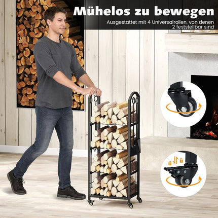4-Tier Rolling Firewood Rack with Tools – Indoor/Outdoor