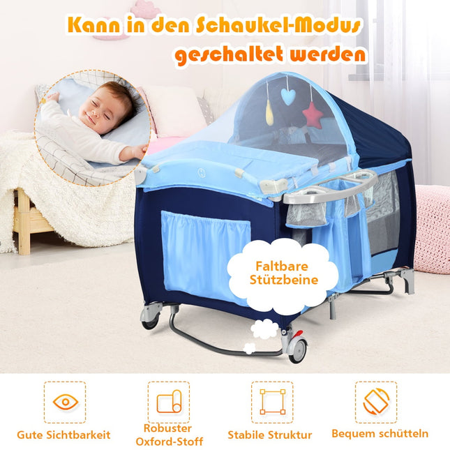 4 viename sulankstoma kūdikio lovelė ir žaidimų aptvaras su stogeliu, mėlyna