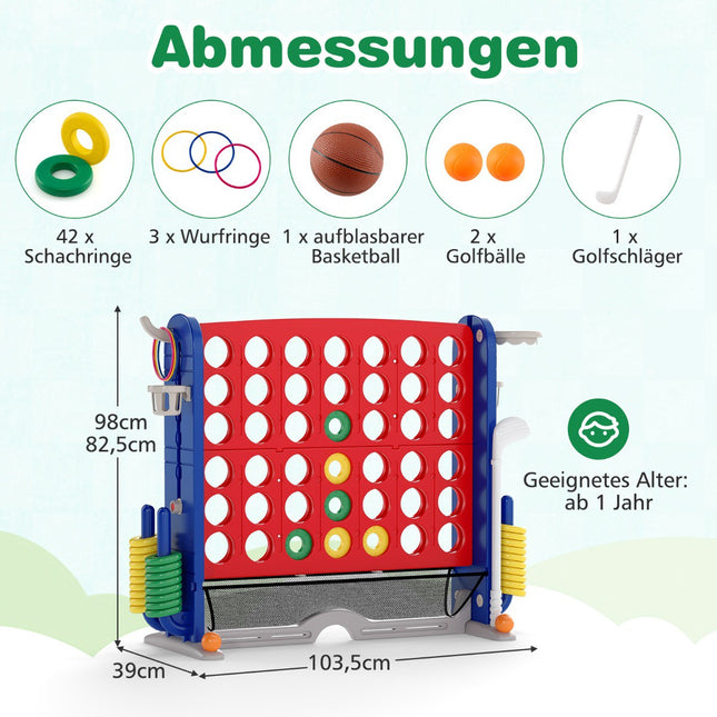 4 viename „Giant Connect“ žaidimų rinkinys su krepšiniu, žiedų mėtymu, golfu
