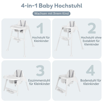 4 viename vaikiška maitinimo kėdutė su nuimamu padėklu, balta