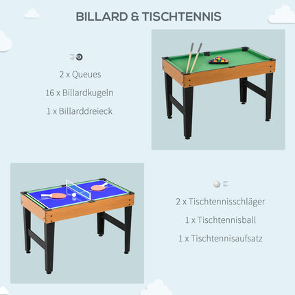 4 viename daugiafunkcis žaidimų stalas, vakarėlių žaidimų stalas su stalo tenisu, stalo futbolu, biliardu, stalo rituliu, daugelio žaidėjų pramogoms, plienas, natūrali mediena + juoda