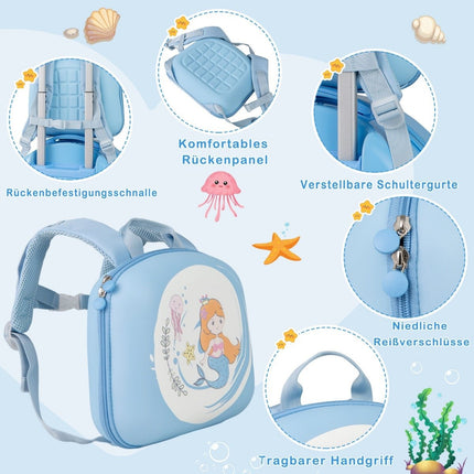 4 dalių vaikiškas lagaminas + kuprinė 10"+14" vaikiškas vežimėlis su ratukais, mėlynas