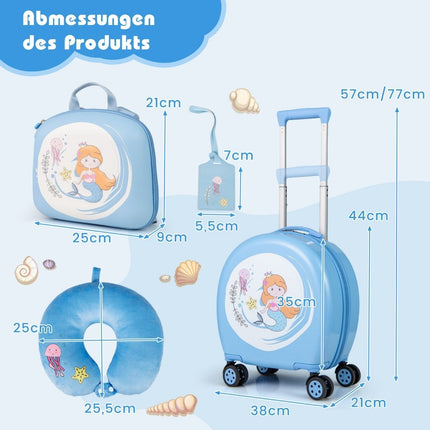 4 dalių vaikiškas lagaminas + kuprinė 10"+14" vaikiškas vežimėlis su ratukais, mėlynas