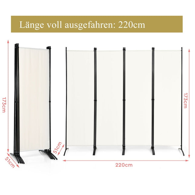 4 dalių sulankstoma pertvara namų biurui, 220 x 51 x 173 cm, balta