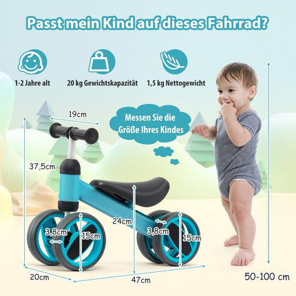Vaikiškas balansinis dviratis su 4 ratais be pedalų, skirtas 1-2 metų vaikams, mėlynas