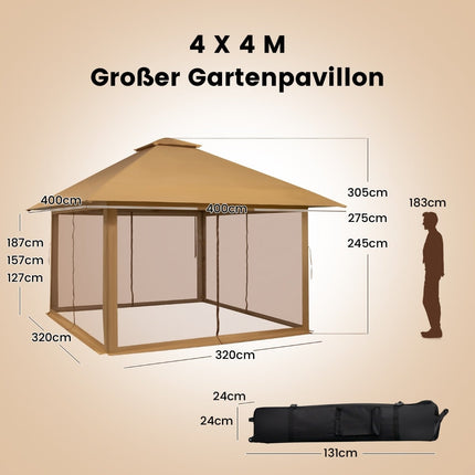 4x4 m lauko paviljonas su tinklinėmis sienomis, apsauga nuo UV spindulių