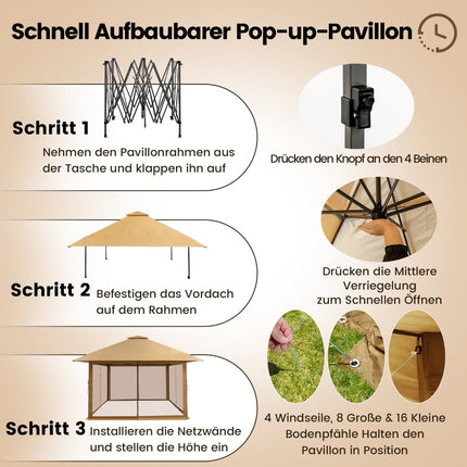 4x4 m lauko paviljonas su tinklinėmis sienomis, apsauga nuo UV spindulių