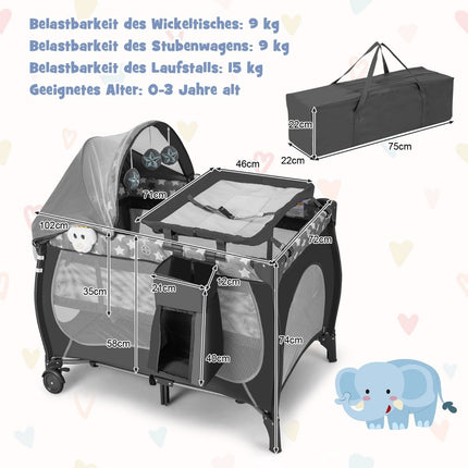 5 viename kūdikio lovelė su sulankstomu čiužiniu, 102 cm x 72 cm x 74 cm, pilka