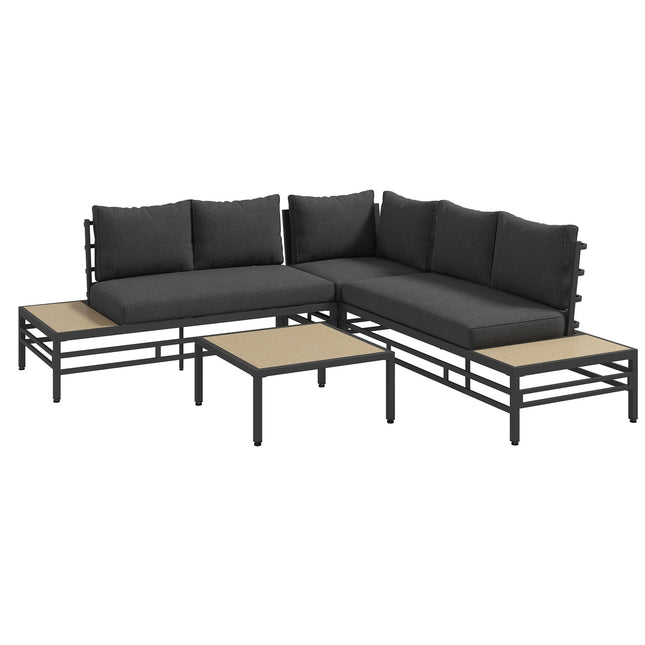 5 dalių sodo poilsio komplektas, sodo baldų komplektas, sodo komplektas su 2 dvivietėmis lovomis, kavos staliukas, kampinė sofa, su sėdynės pagalvėle, terasai, balkonui, pilkas
