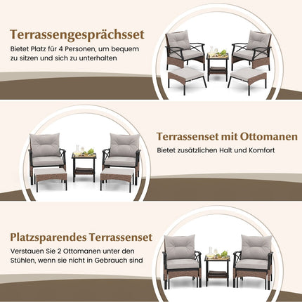 5 dalių PE rotango terasos baldų komplektas su pagalvėlėmis, stalu ir taburetėmis
