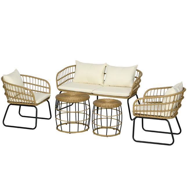 5 dalių rotango sodo baldų komplektas, sėdimoji dalis su pagalvėlėmis, sodo komplektas su 2 kavos staliukais, 2 foteliais, 1 dvigule sofa, sėdimoji dalis, plienas, smėlio spalvos