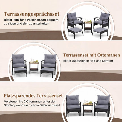 5 dalių pintas terasos baldų komplektas su pufais, pilkas