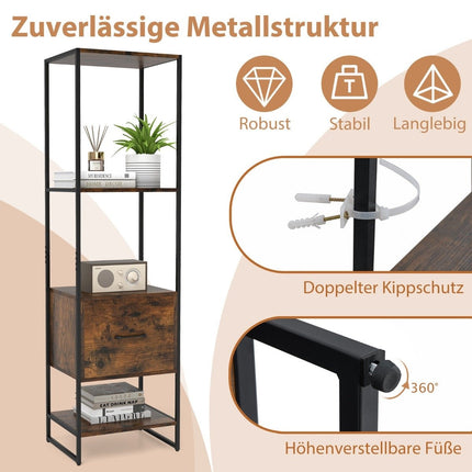 5 pakopų knygų lentyna su stalčiumi ir metaliniu rėmu, moderni stovinti lentyna, ruda