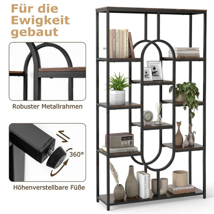 5 aukštų geometrinio rašto knygų lentyna, ruda ir juoda, metalinis rėmas