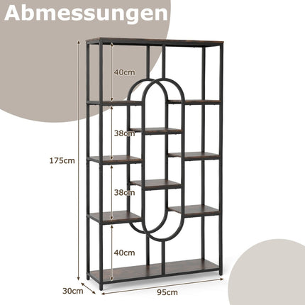 5 aukštų geometrinio rašto knygų lentyna, ruda ir juoda, metalinis rėmas