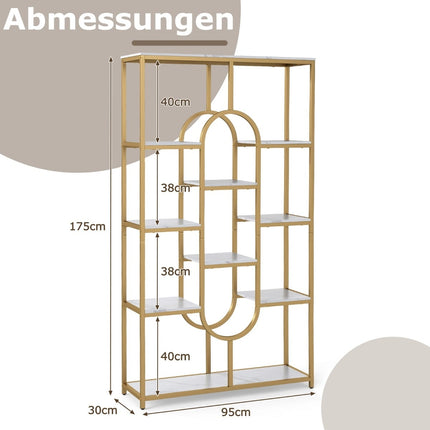 5 aukštų geometrinė knygų lentyna, balta ir auksinė, metalinis rėmas