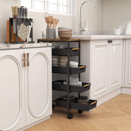 5-Tier Rolling Kitchen Trolley with 4 Drawers, Wood-Look Top, Black