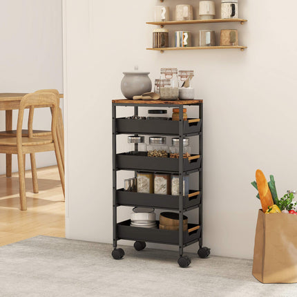 5-Tier Rolling Kitchen Trolley with 4 Drawers, Wood-Look Top, Black