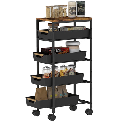 5-Tier Rolling Kitchen Trolley with 4 Drawers, Wood-Look Top, Black