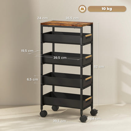 5-Tier Rolling Kitchen Trolley with 4 Drawers, Wood-Look Top, Black