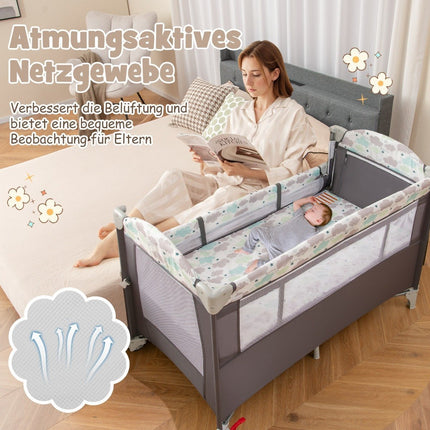 5 viename sulankstoma šoninė lova su čiužiniu, 2 lygių kūdikio lova su ratukais, pilka