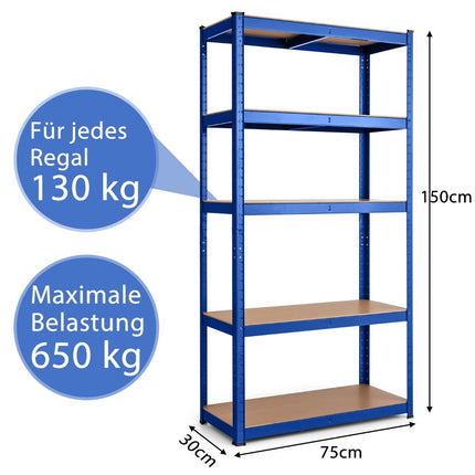 5 level storage rack with metal frame, metal rack, load capacity up to 650 kg, 75 x 30 x 150 cm, blue