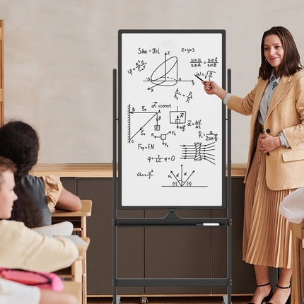60 x 100 cm dvipusė magnetinė balta lenta su ratukais, stovu ir rašiklių dėklu, juoda
