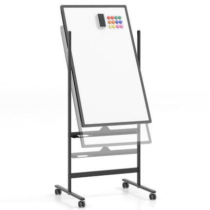60 x 100 cm dvipusė magnetinė balta lenta su ratukais, stovu ir rašiklių dėklu, juoda