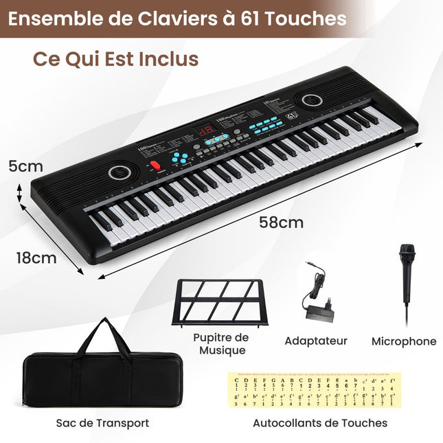 61-Key Beginner Keyboard Piano, Mic & Case, Black/Purple