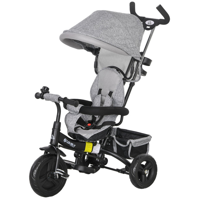 6-in-1 tricycle for children, sun protection and safety belt, gray