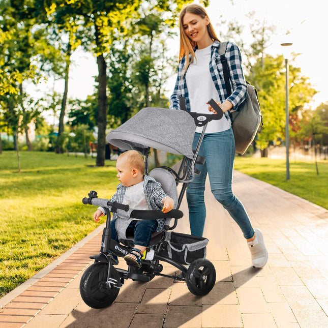 6-in-1 tricycle for children, sun protection and safety belt, gray