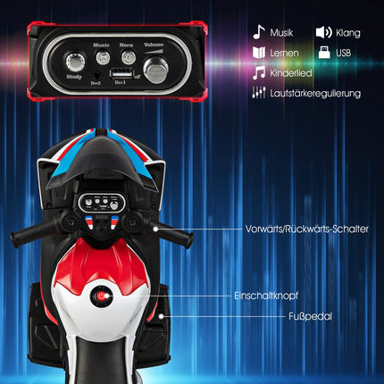 6 V vaikiškas elektrinis motociklas su muzika, priekiniais žibintais, 3 ratų, raudonas