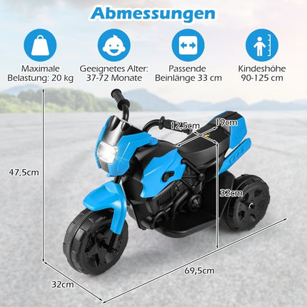 6 V vaikams skirtas elektrinis motociklas, 3 ratai, LED žibintai