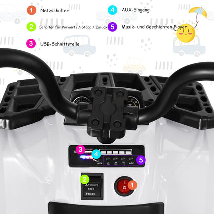 6V vaikiškas automobilis su muzika, MP3, USB, berniukams ir mergaitėms, 41 x 68,5 x 49,5 cm, baltas
