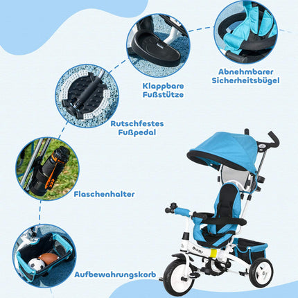 6-in-1 children's tricycle with push bar, roof, belt, storage basket, for 1-5 years, blue